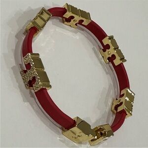 Tory Burch Red leather wrap Bracelet with single Ts crystal pave logo  Bracelet